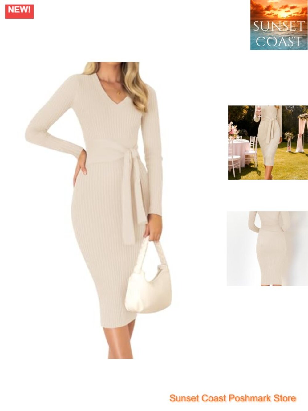 Women's Long Sleeve Bodycon Midi Sweater Dress Tie Waist Knit Pullover